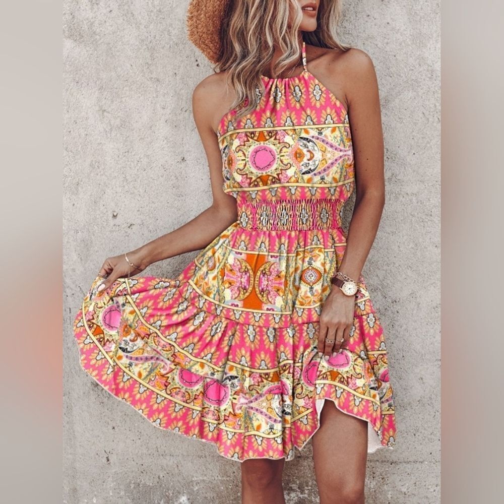 Paisley Halter Neck Cinched Waist Mini Pink Dress Sz S M L XL 1X - Picture 4 of 5
